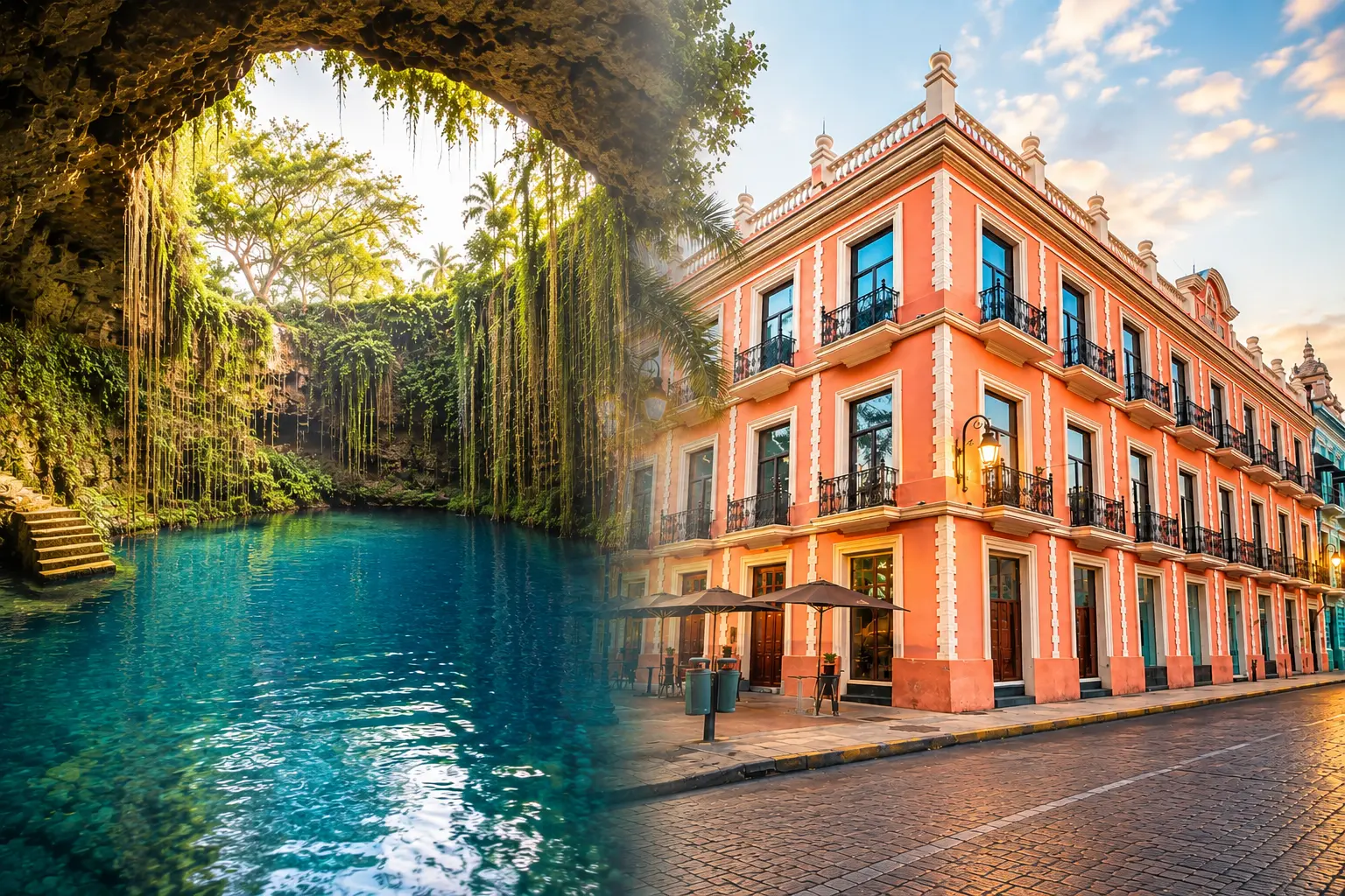 Cenote de aguas turquesa junto a una fachada colonial del centro de Mérida