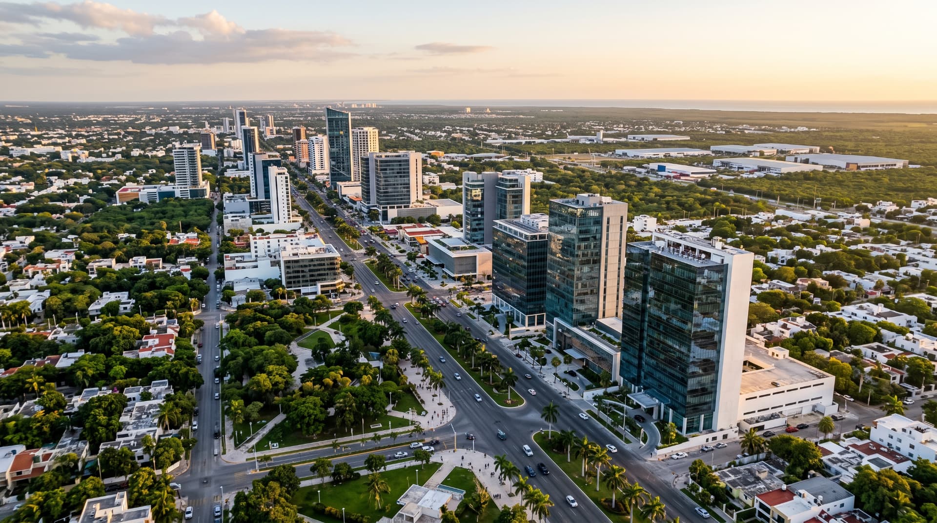 Vista aérea del corredor corporativo de Mérida al atardecer