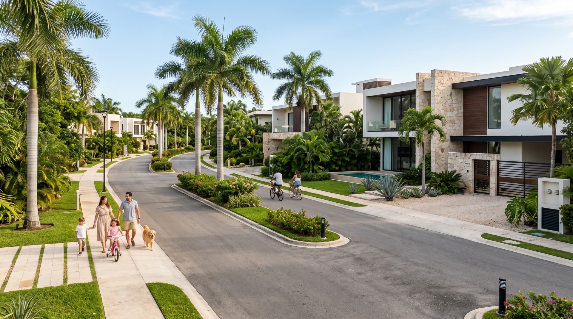 Familia caminando en un fraccionamiento residencial en Yucatán