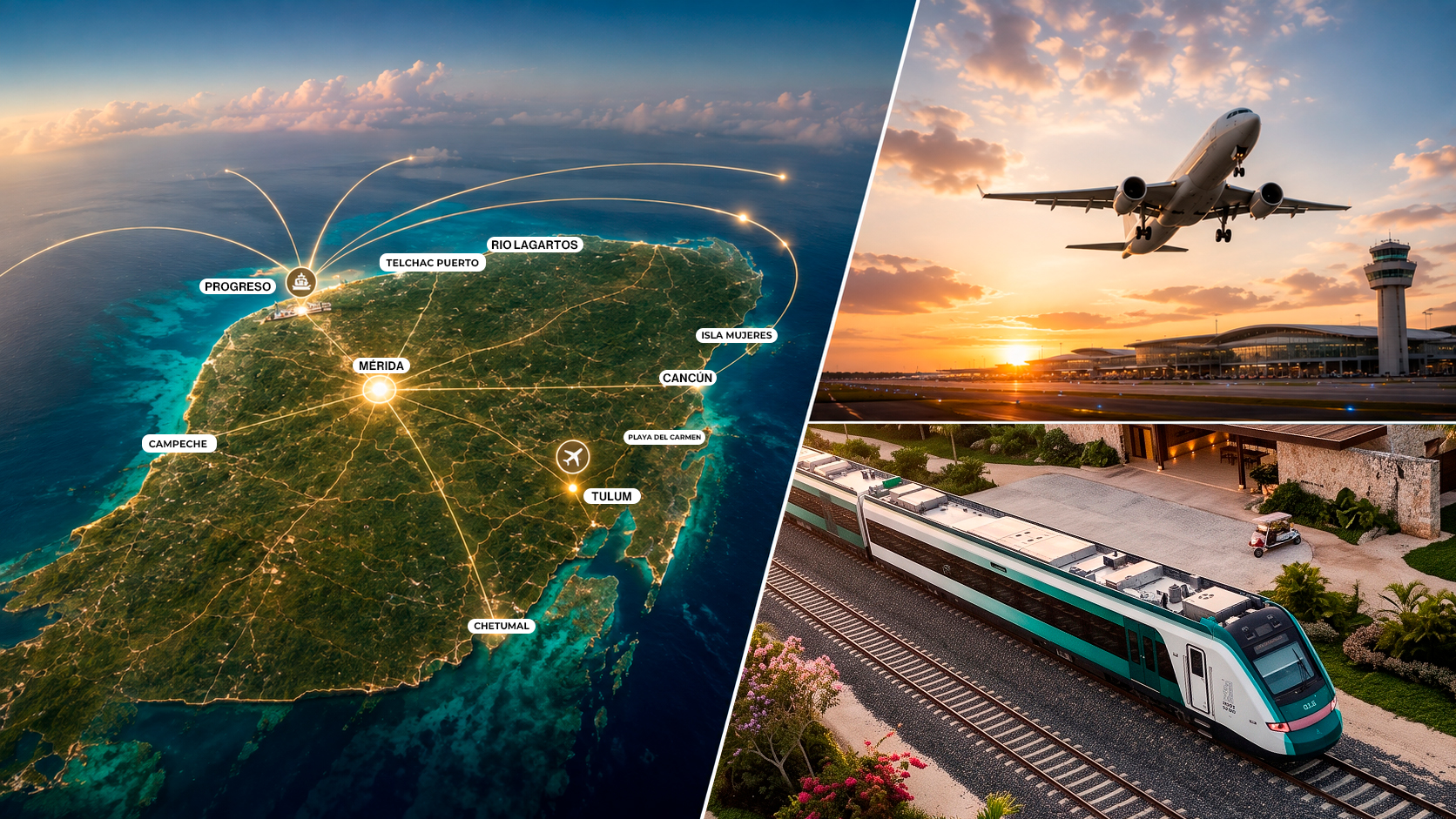 Mapa de conectividad de la península con aeropuerto y Tren Maya